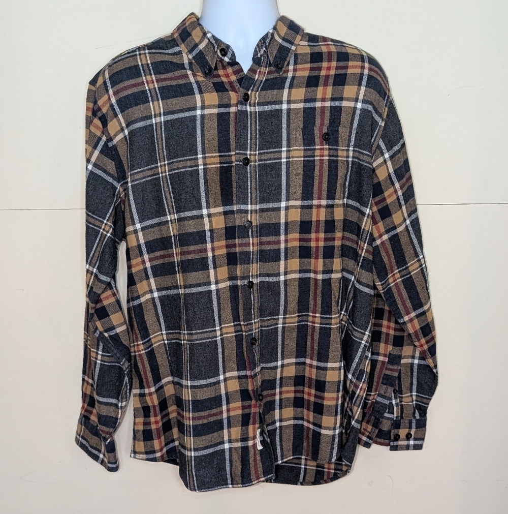 Weatherproof Thick Flannel Button Down Shirt Tan, Gray, and Blue